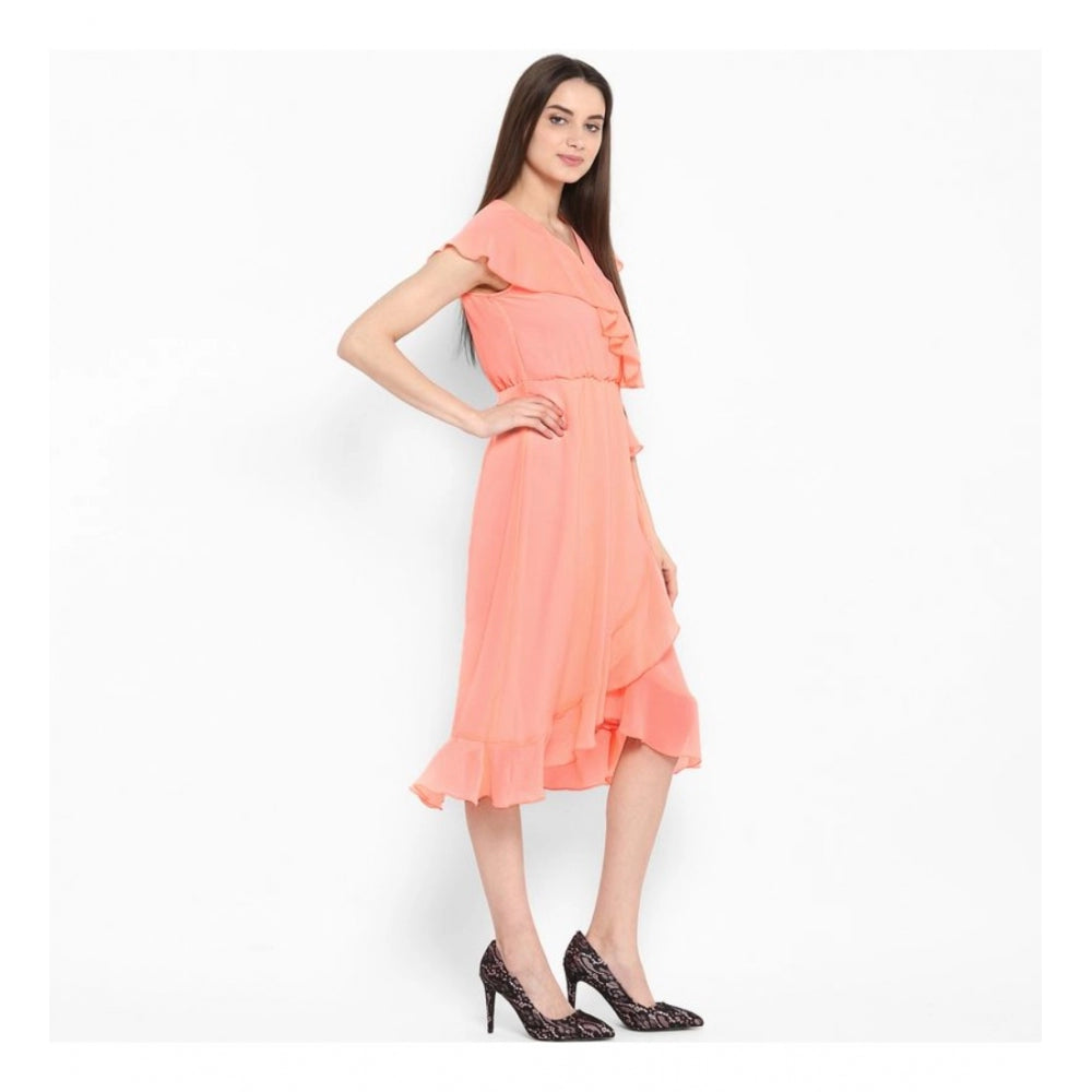 Snuggle Spot Women's Polyester Ruffled Cap Sleeve Below Knee Dress (Neon Pink)