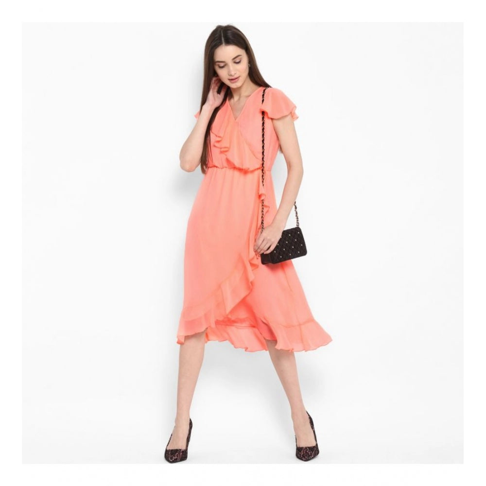 Snuggle Spot Women's Polyester Ruffled Cap Sleeve Below Knee Dress (Neon Pink)