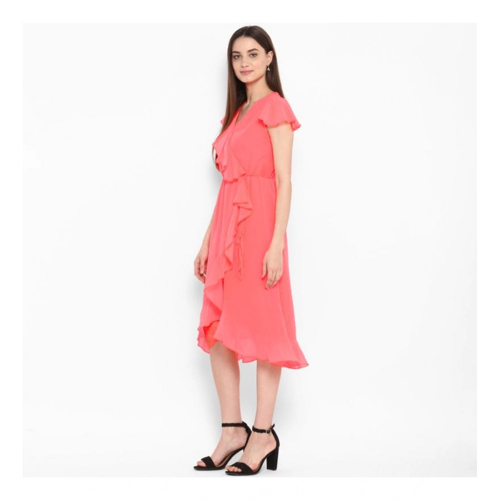 Snuggle Spot Women's Polyester Ruffled Cap Sleeve Below Knee Dress (Coral Pink)