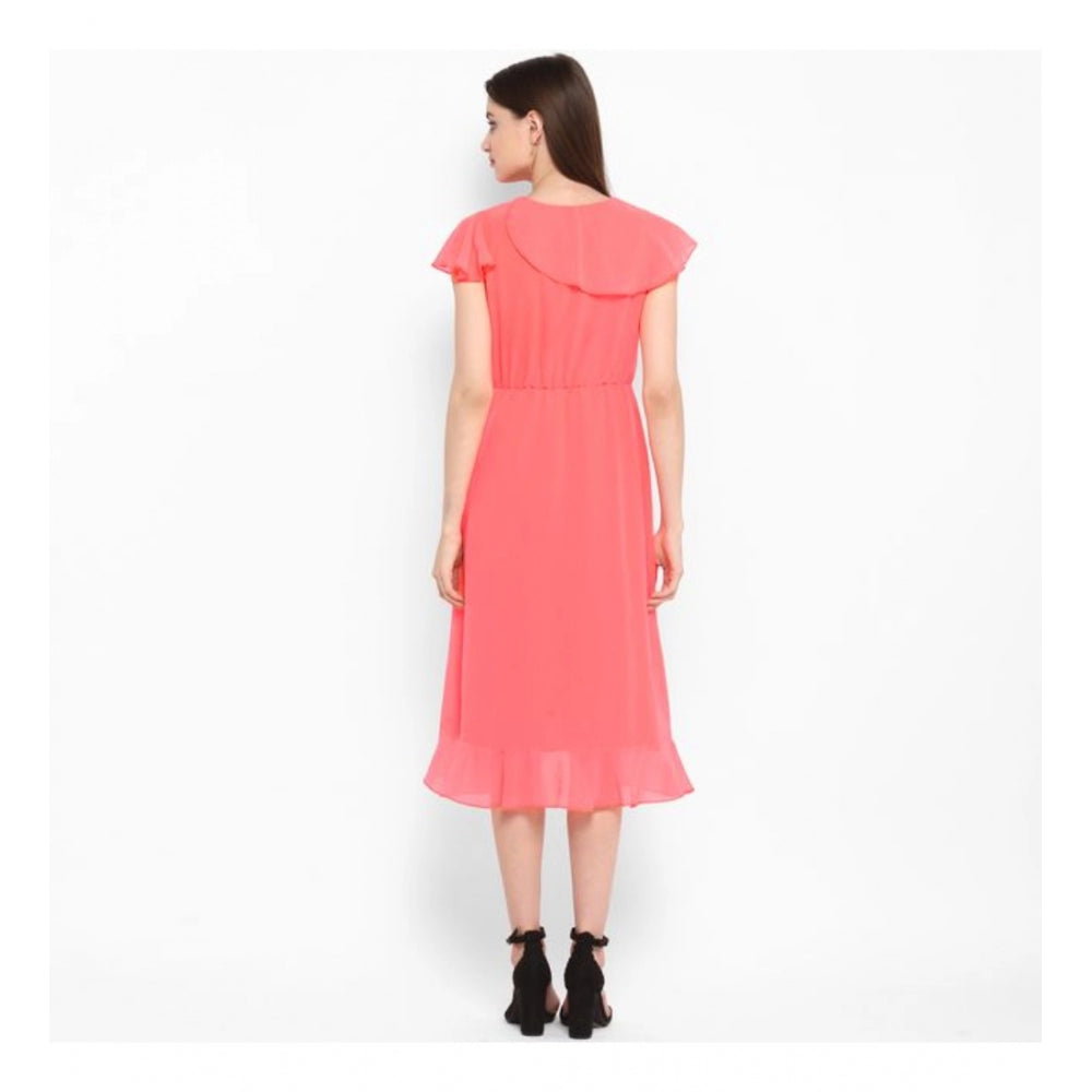Snuggle Spot Women's Polyester Ruffled Cap Sleeve Below Knee Dress (Coral Pink)