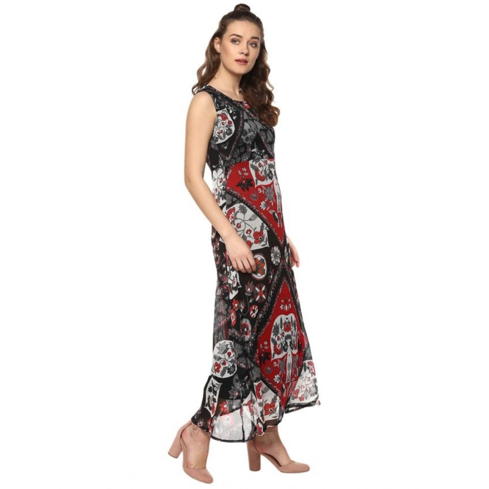 Snuggle Spot Women's Polyester Printed Sleeveless Dress (Red - Black)