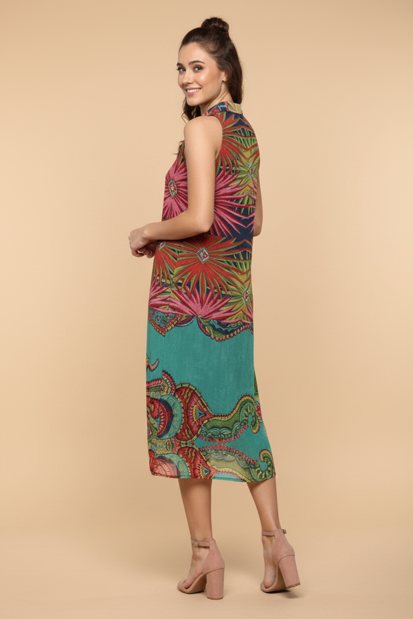 Snuggle Spot Women's Polyester Floral Sleeveless Below Knee Dress (Multicolor)