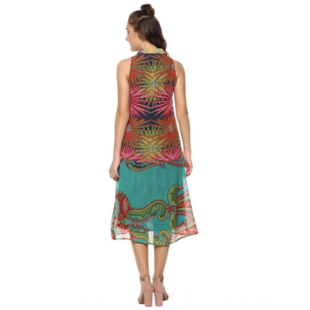 Snuggle Spot Women's Polyester Floral Sleeveless Below Knee Dress (Multicolor)
