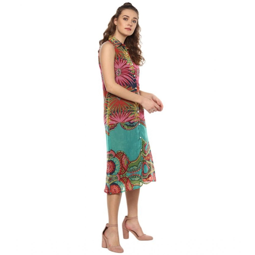 Snuggle Spot Women's Polyester Floral Sleeveless Below Knee Dress (Multicolor)