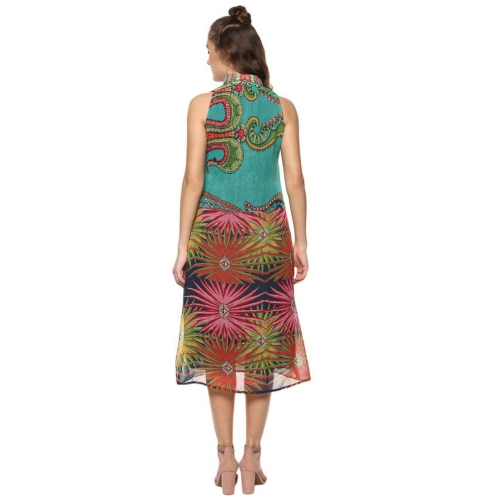 Snuggle Spot Women's Polyester Floral Sleeveless Below Knee Dress (Multicolor)