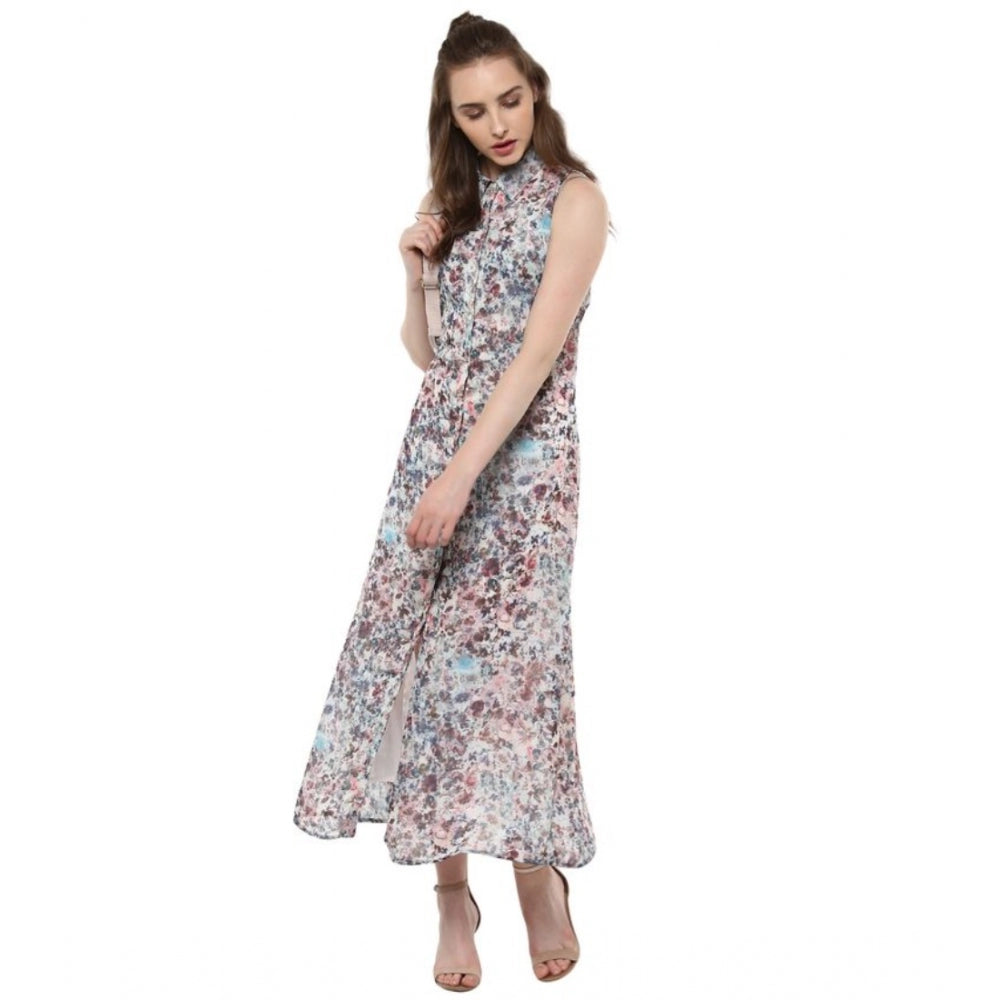 Snuggle Spot Women's Polyester Chiffon Printed Sleeveless Dress (Multicolor)