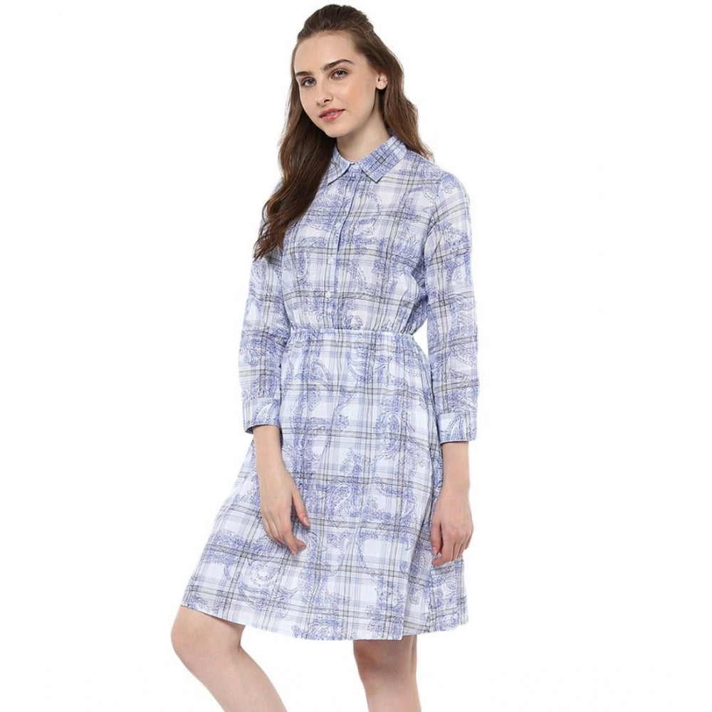 Snuggle Spot Women's Cotton Checkered Roll Up Sleeve Above Knee Dress (Blue)