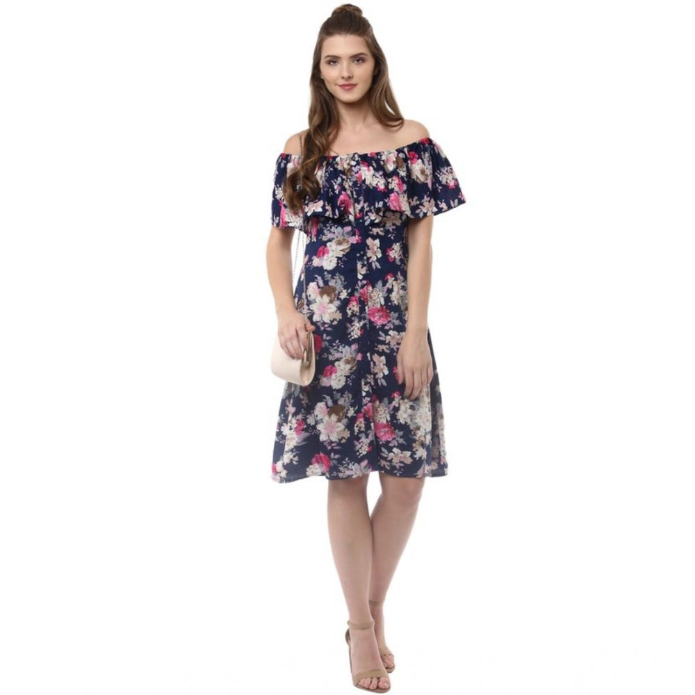 Snuggle Spot Women's Polyester Crepe Floral Half Sleeve Above Knee Dress (Navy Blue)