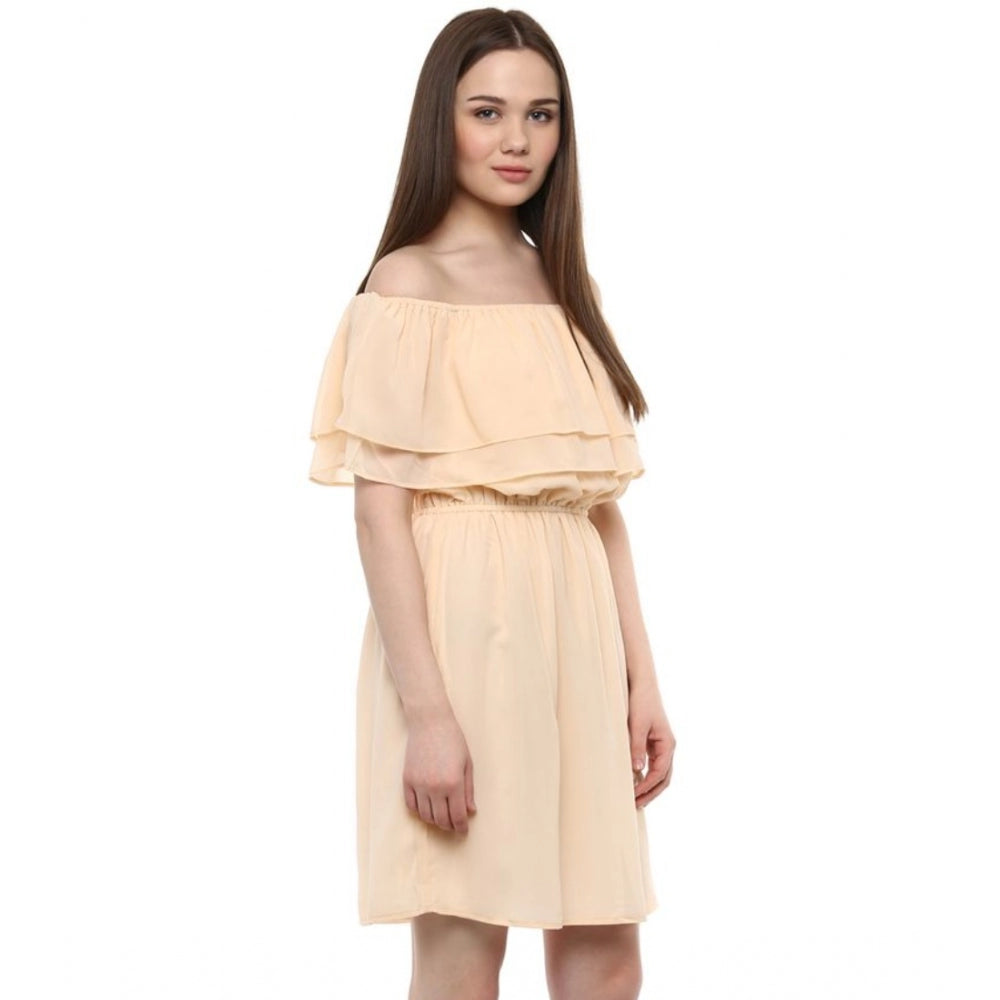 Snuggle Spot Women's Polyester Solid Sleeveless Knee-Length Dress (Beige)