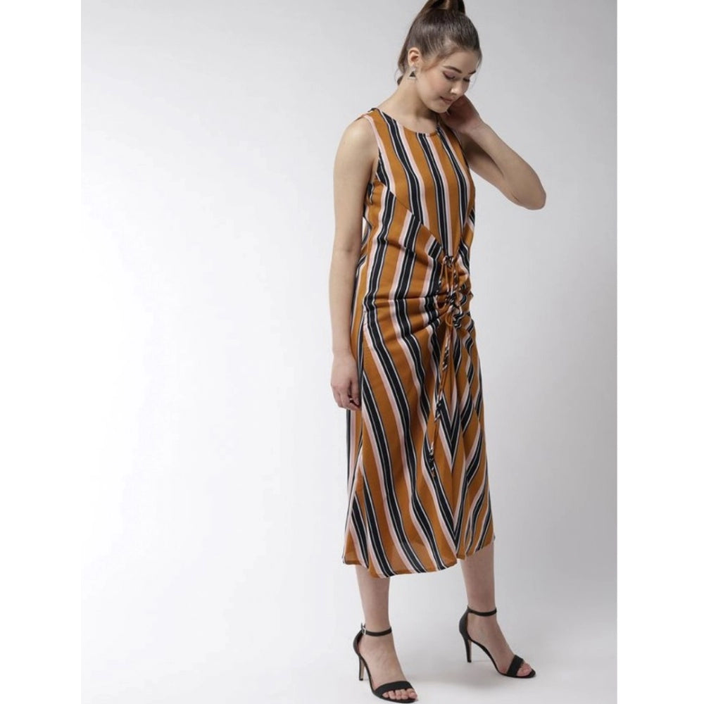 Snuggle Spot Women's Polyester Striped Sleeveless Below Knee Dress (Mustard)