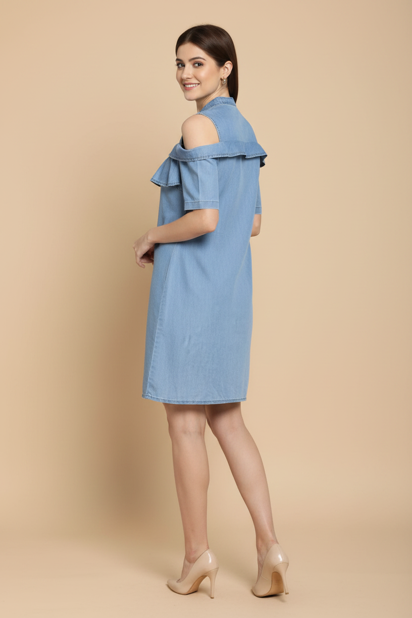 Snuggle Spot Women's Denim Solid Cold Shoulder Above Knee Dress (Blue)