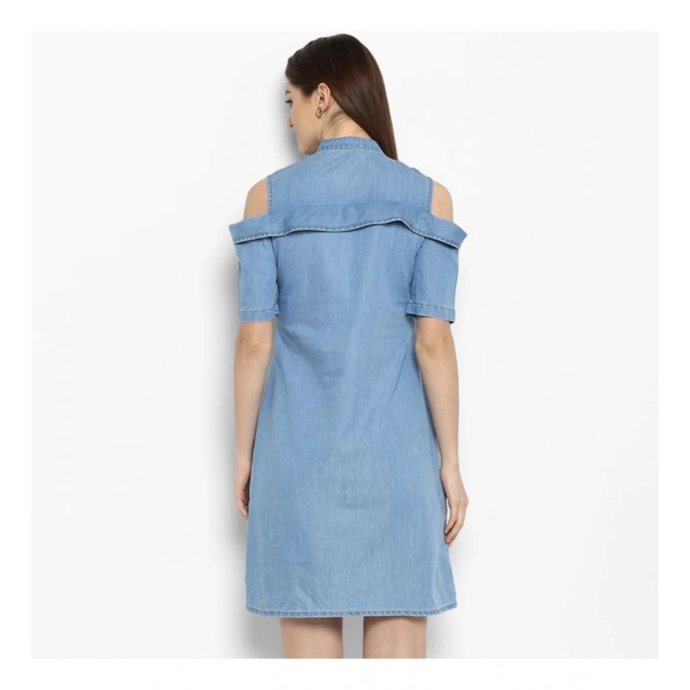 Snuggle Spot Women's Denim Solid Cold Shoulder Above Knee Dress (Blue)