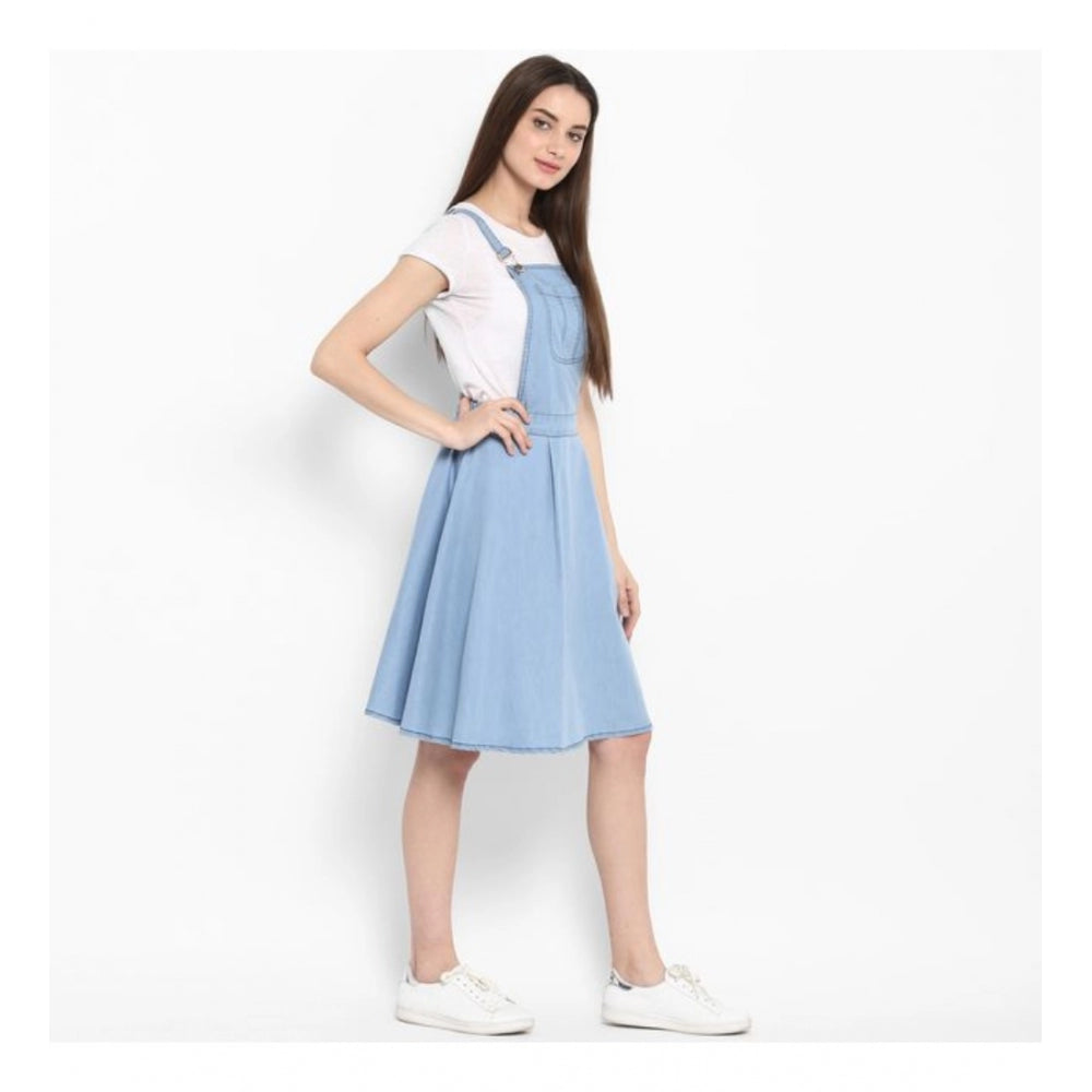 Snuggle Spot Women's Denim Solid Sleeveless Above Knee Dress (Blue)