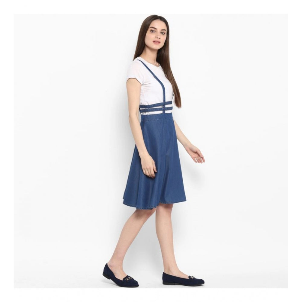 Snuggle Spot Women's Denim Solid Shoulder Straps Below Knee Dress (Blue)