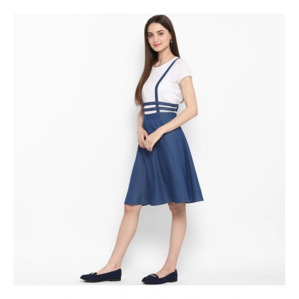 Snuggle Spot Women's Denim Solid Shoulder Straps Below Knee Dress (Blue)