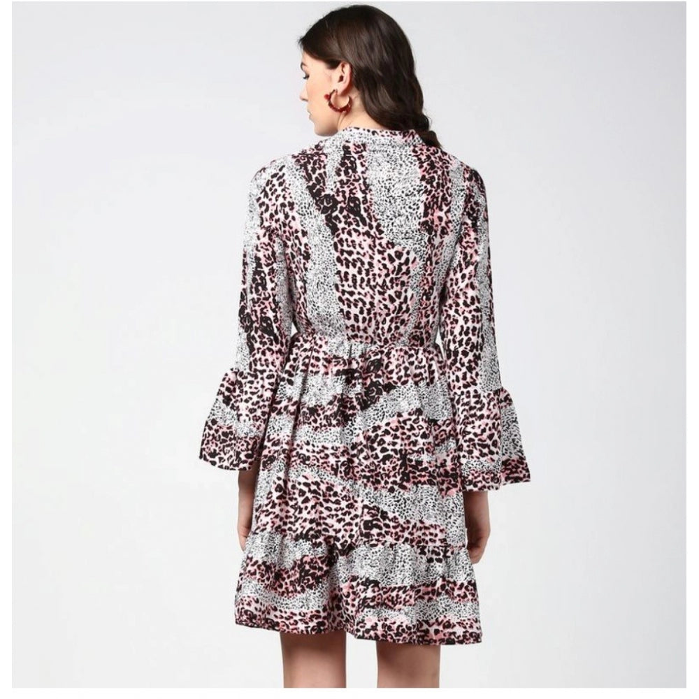 Snuggle Spot Women's Polyester Animal Print Bell Sleeve Above Knee Dress (Pink - Black)