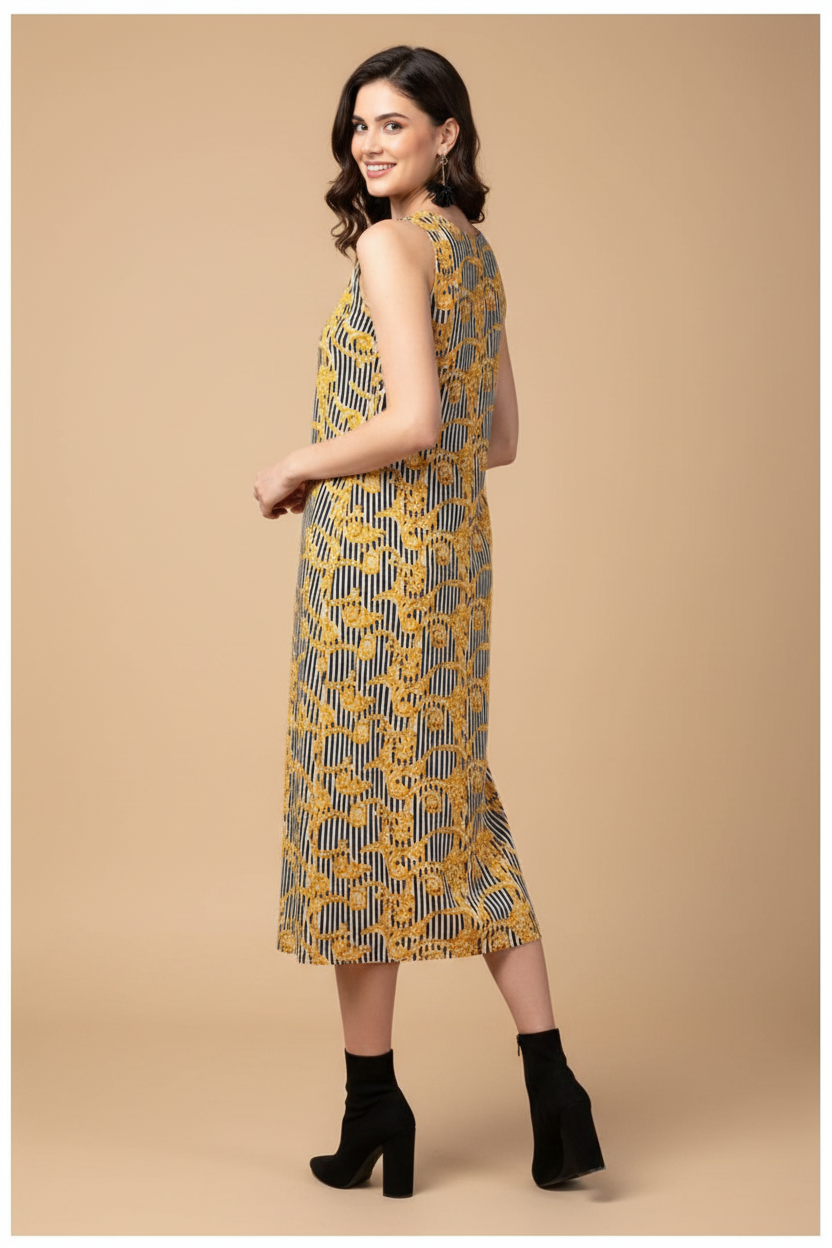 Snuggle Spot Women's Polyester Chain Print Sleeveless Below Knee Dress (Yellow - Black)