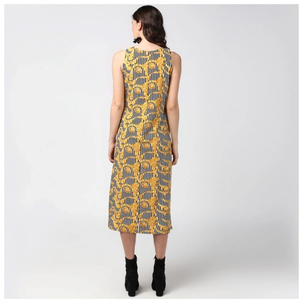 Snuggle Spot Women's Polyester Chain Print Sleeveless Below Knee Dress (Yellow - Black)