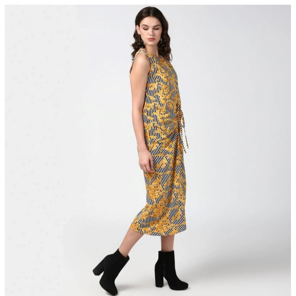 Snuggle Spot Women's Polyester Chain Print Sleeveless Below Knee Dress (Yellow - Black)