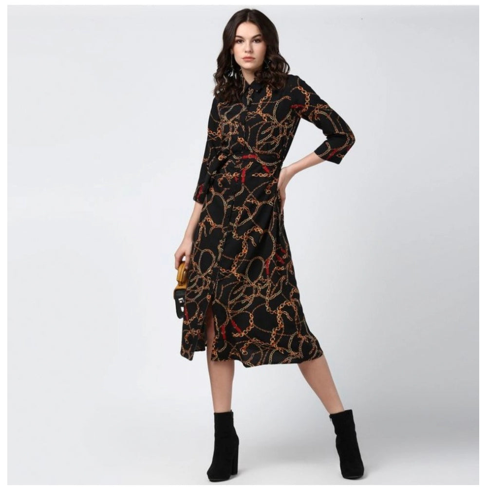 Snuggle Spot Women's Polyester Chain Print Roll Up Sleeve Below Knee Dress (Black - Yellow)