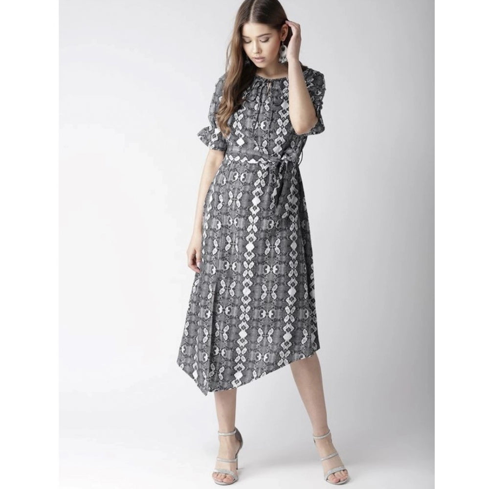 Snuggle Spot Women's Polyester Animal Print Short Sleeve Knee-Length Dress (Black - White)
