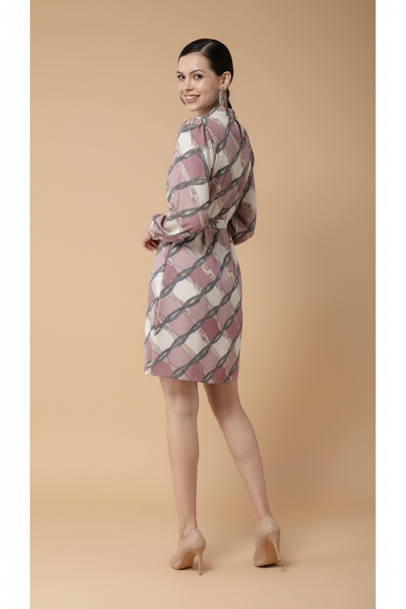 Snuggle Spot Women's Polyester Checkered Long Sleeves Above Knee Dress (Off White - Lavender)