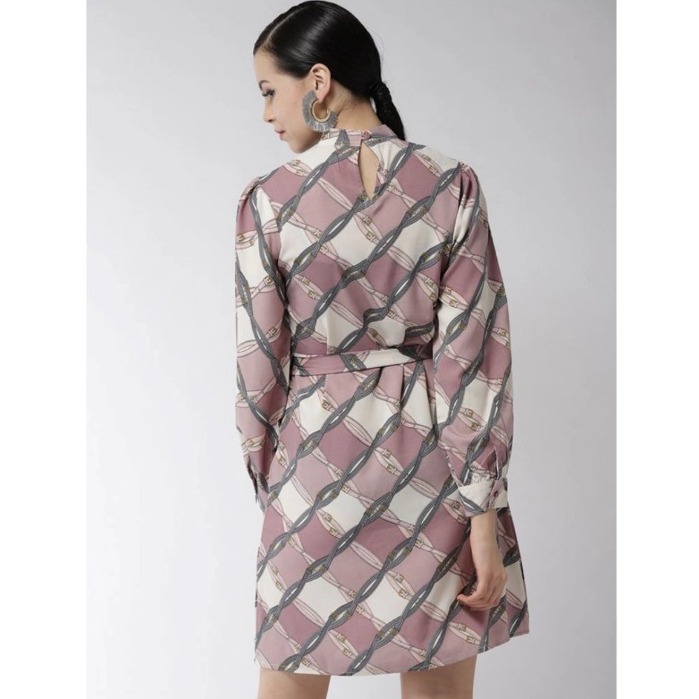 Snuggle Spot Women's Polyester Checkered Long Sleeves Above Knee Dress (Off White - Lavender)