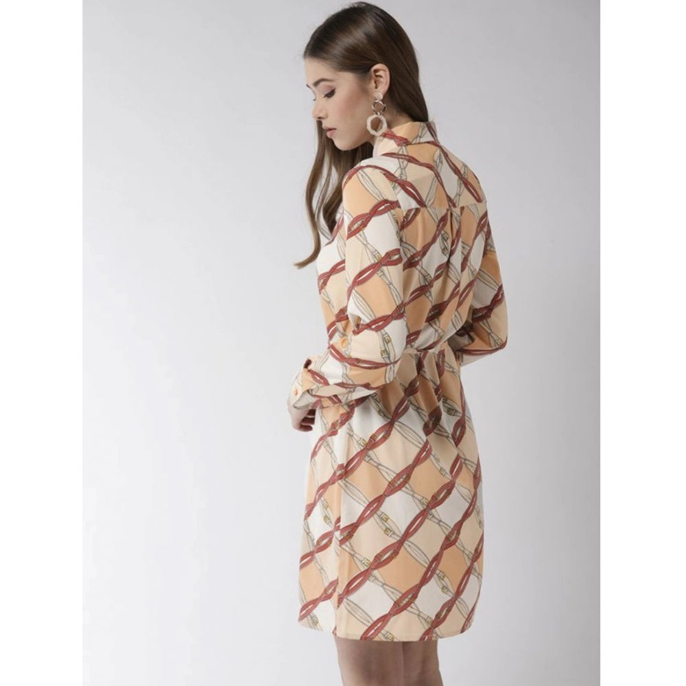 Snuggle Spot Women's Polyester Printed Roll Up Sleeve Above Knee Dress (Off White - Brown)