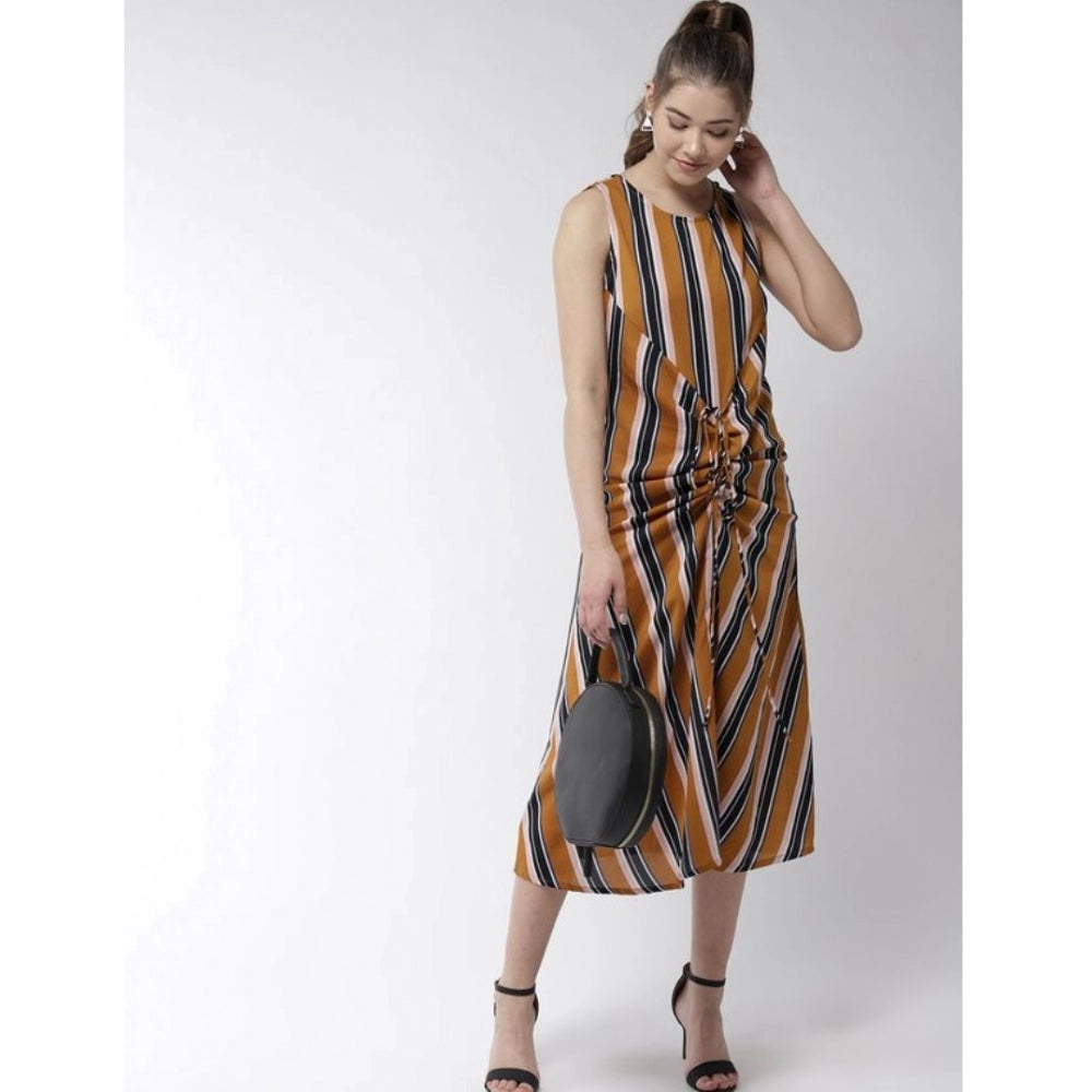 Snuggle Spot Women's Polyester Striped Sleeveless Below Knee Dress (Mustard)