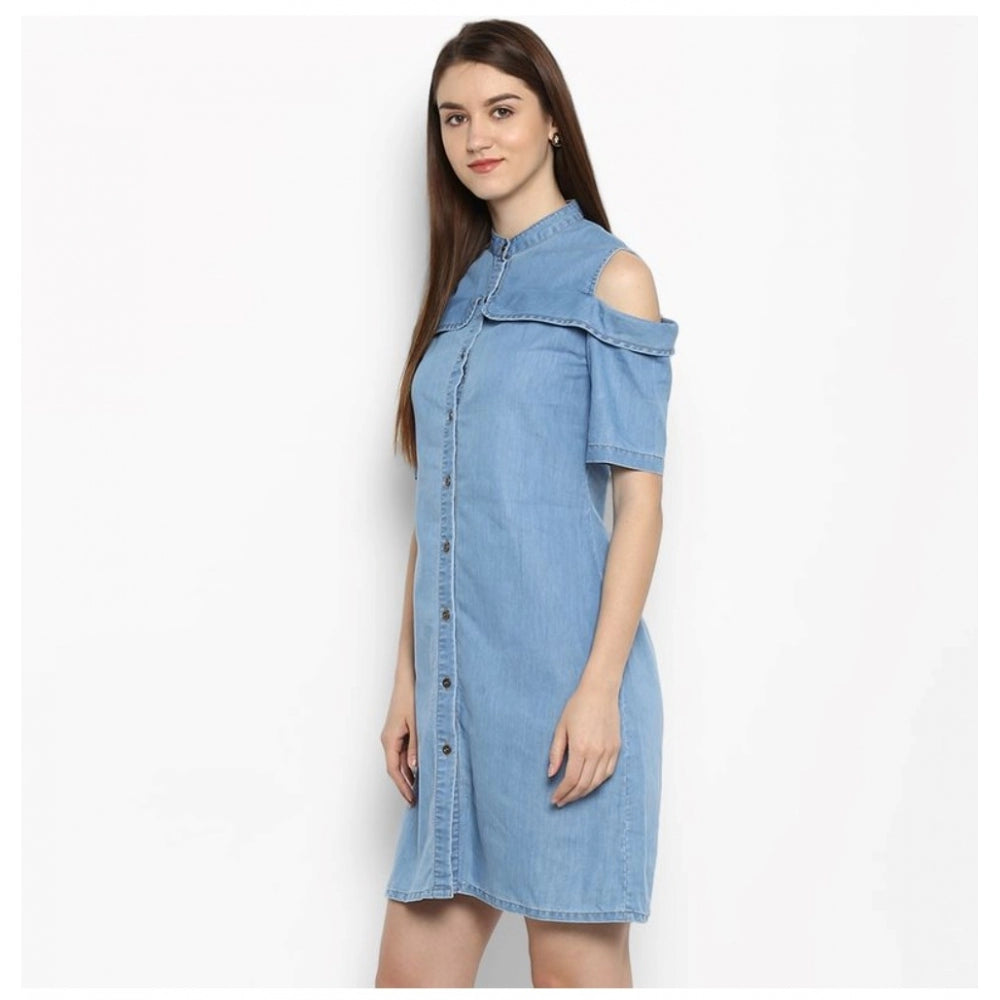 Snuggle Spot Women's Denim Solid Cold Shoulder Above Knee Dress (Blue)