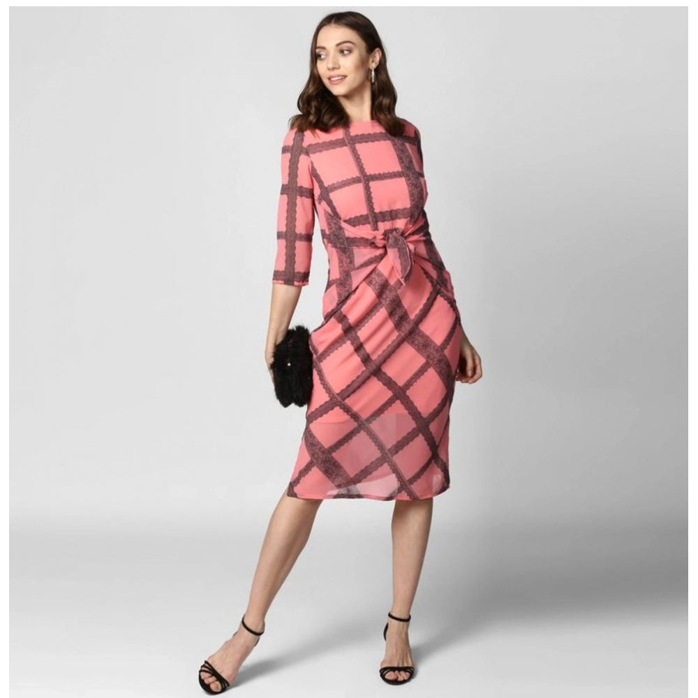 Snuggle Spot Women's Polyester Checkered 3-4th Sleeves Below Knee Dress (Pink - Black)