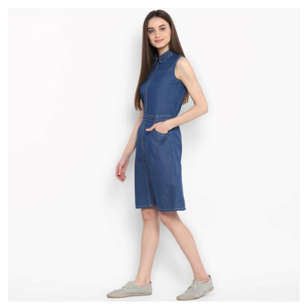 Snuggle Spot Women's Denim Solid Sleeveless Above Knee Dress (Blue)