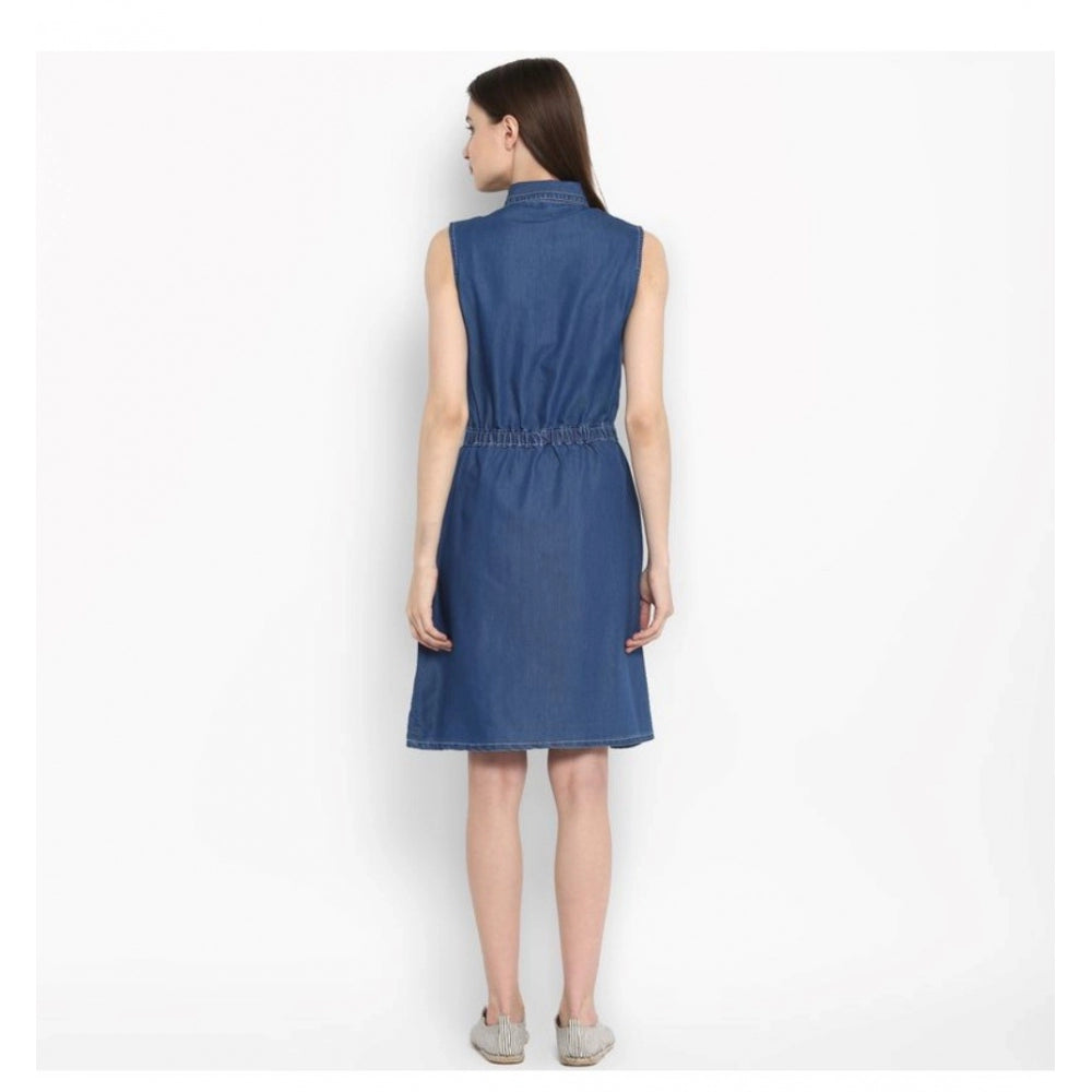 Snuggle Spot Women's Denim Solid Sleeveless Above Knee Dress (Blue)