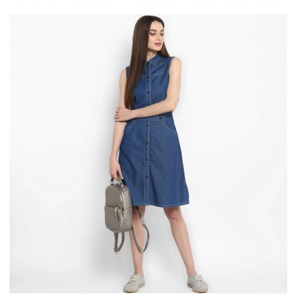 Snuggle Spot Women's Denim Solid Sleeveless Above Knee Dress (Blue)