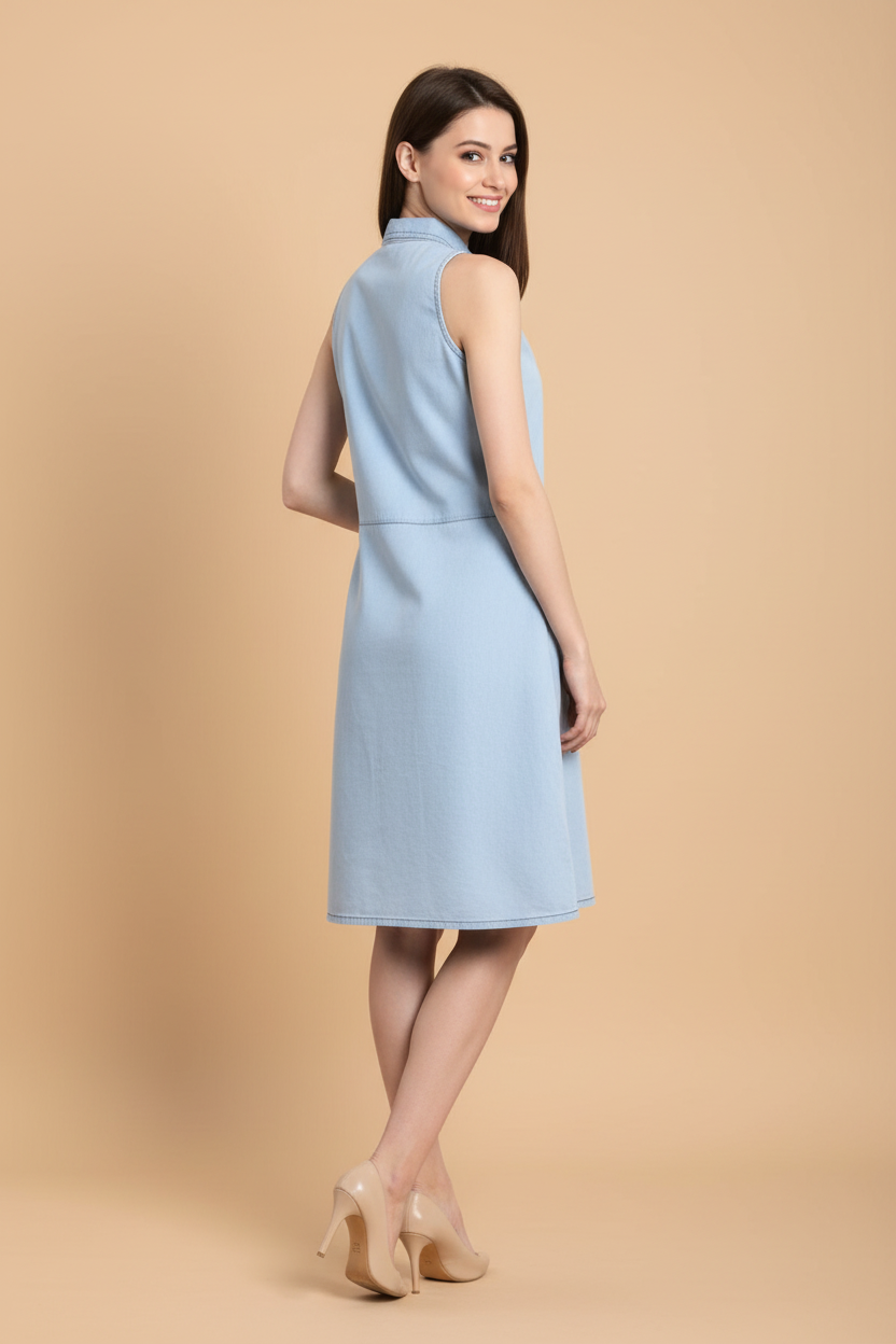 Snuggle Spot Women's Denim Solid Sleeveless Below Knee Dress (Blue)