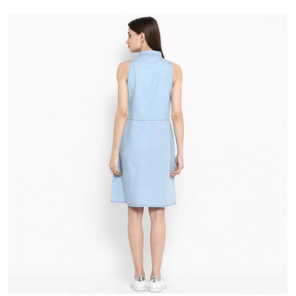 Snuggle Spot Women's Denim Solid Sleeveless Below Knee Dress (Blue)