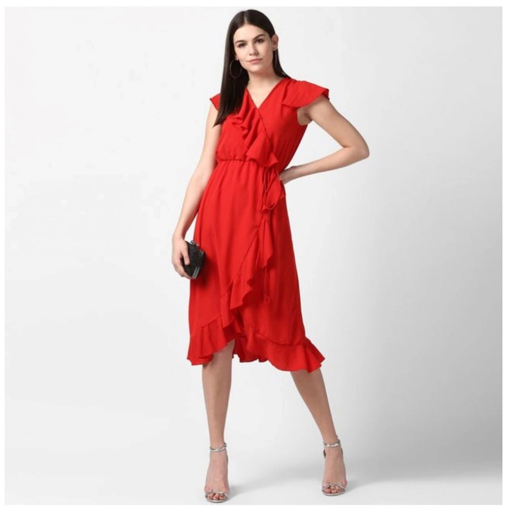 Snuggle Spot Women's Polyester Ruffled Cap Sleeve Knee-Length Dress (Red)