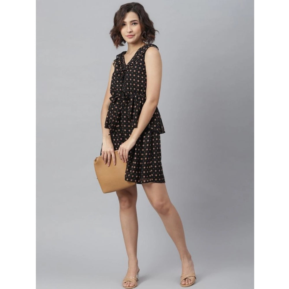 Snuggle Spot Women's Polyester Peplum Sleeveless Above Knee Dress (Black)