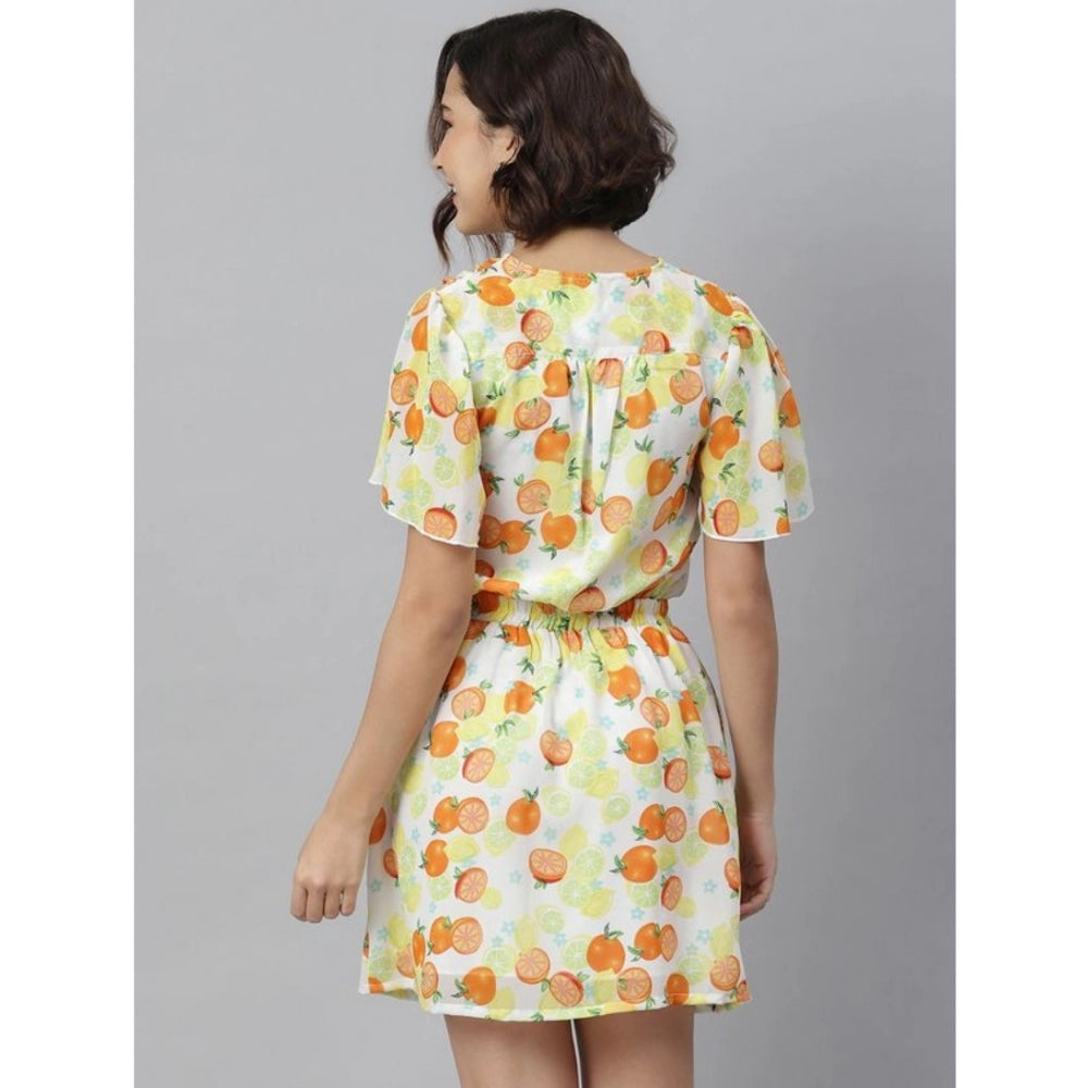 Snuggle Spot Women's Polyester Printed Flutter Above Knee Dress (Orange - Yellow)
