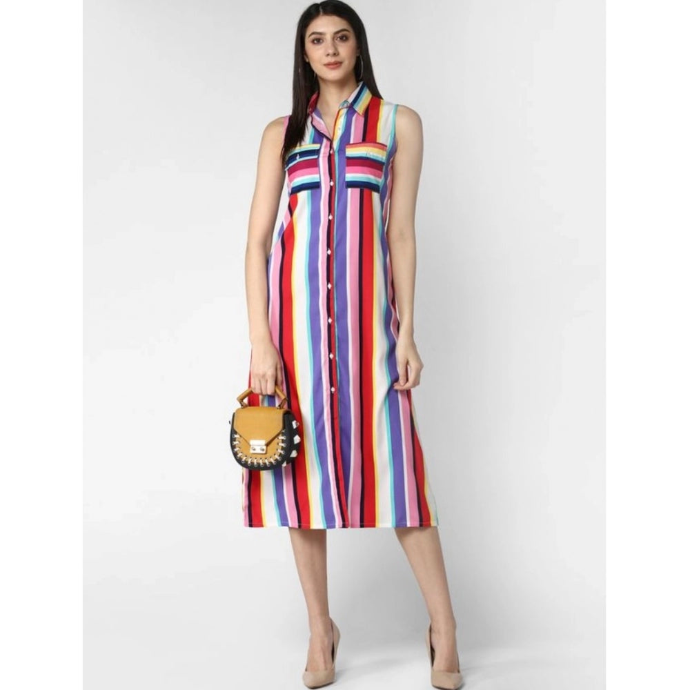 Snuggle Spot Women's Polyester Striped Sleeveless Calf-length Dress (Multicolor)