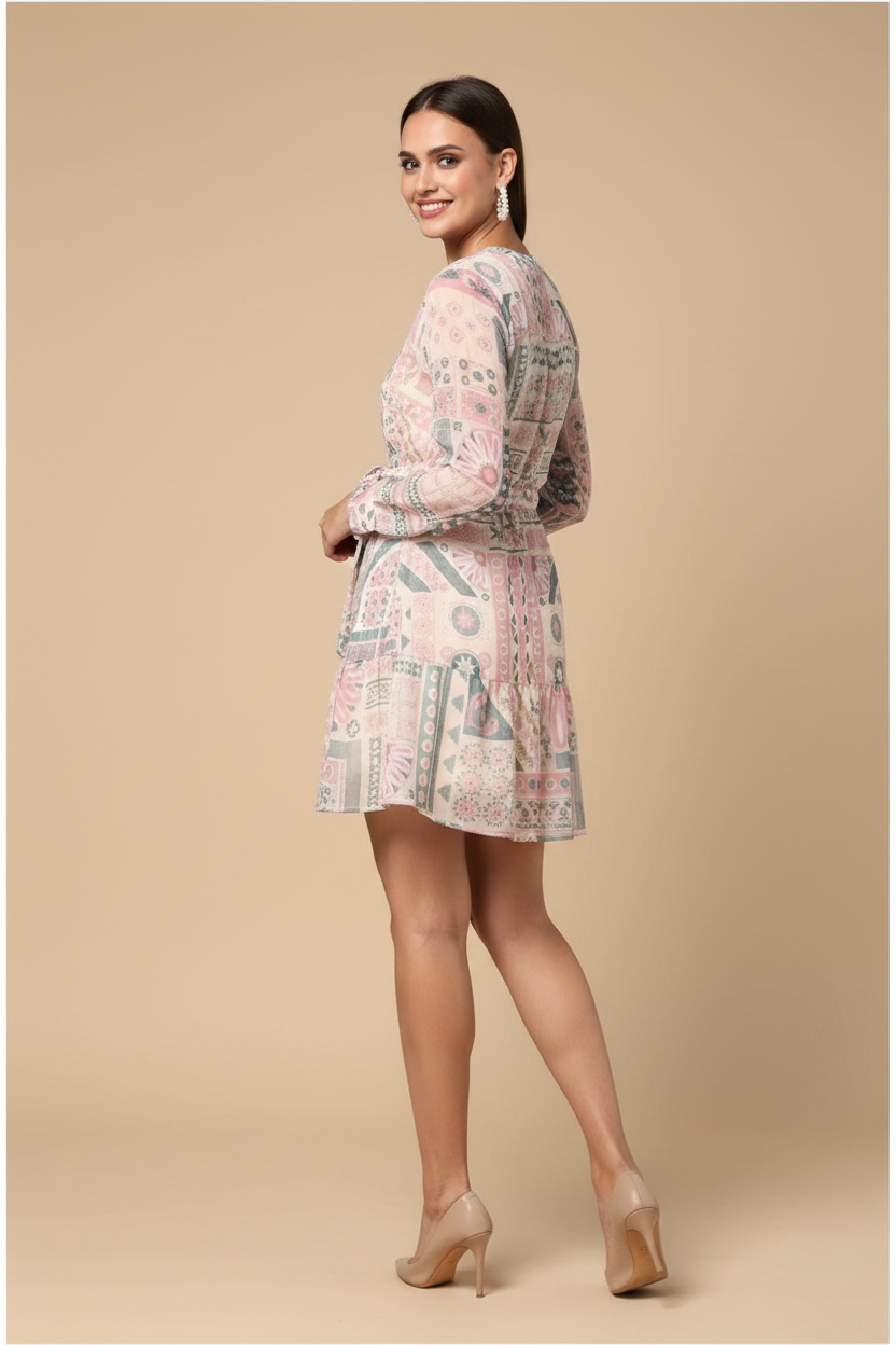 Snuggle Spot Women's Polyester Printed Long Sleeves Above Knee Dress (Light Pink - Off White)
