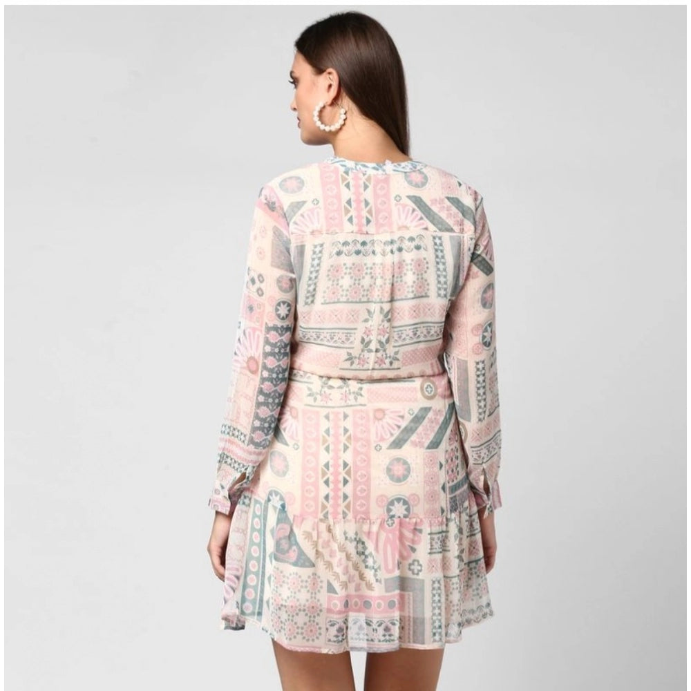 Snuggle Spot Women's Polyester Printed Long Sleeves Above Knee Dress (Light Pink - Off White)