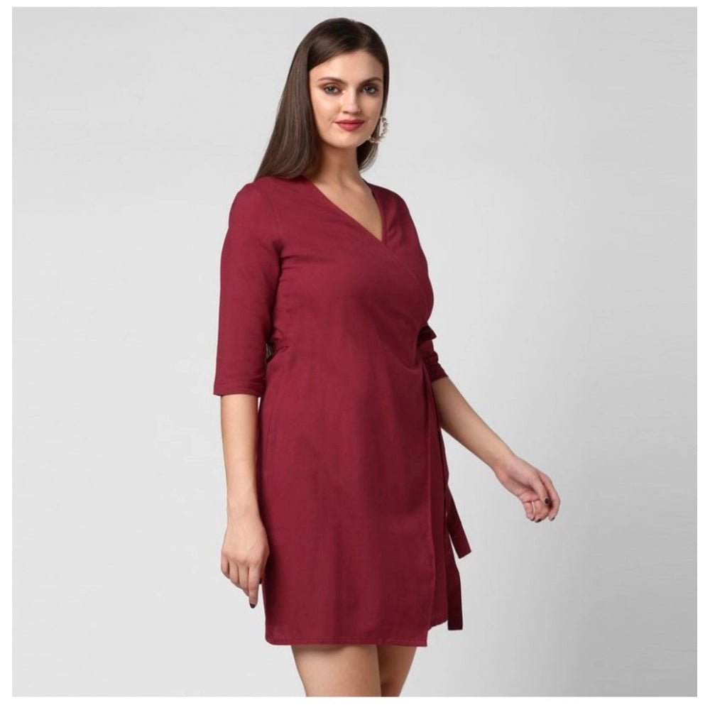 Snuggle Spot Women's Cotton Solid 3-4th Sleeves Above Knee Dress (Maroon)