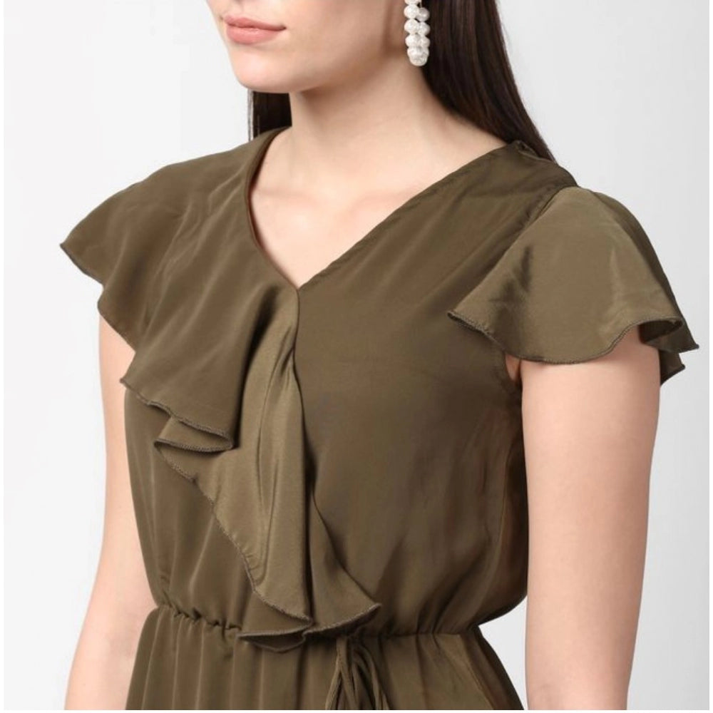 Snuggle Spot Women's Polyester Ruffled Cap Sleeve Knee-Length Dress (Olive)