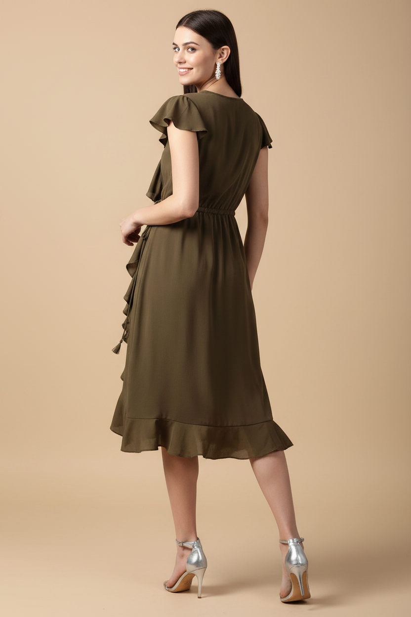 Snuggle Spot Women's Polyester Ruffled Cap Sleeve Knee-Length Dress (Olive)