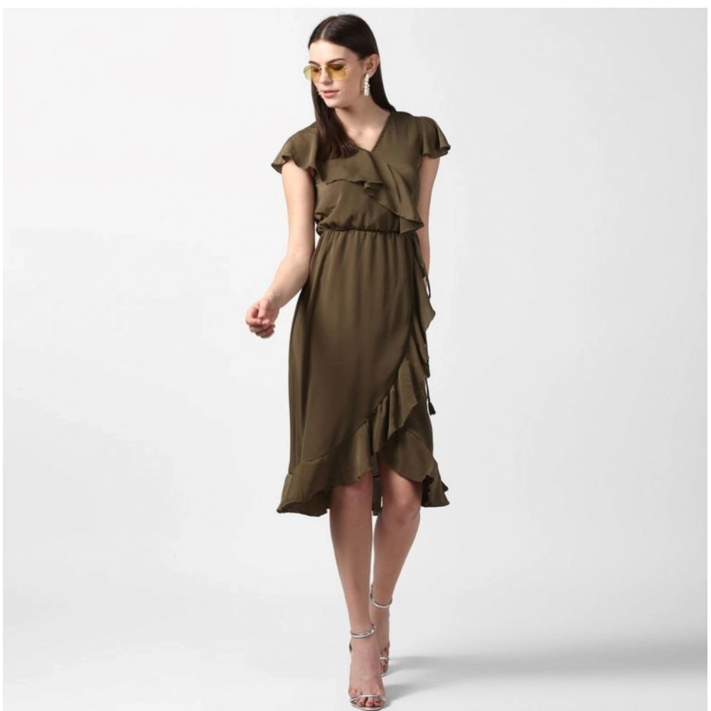 Snuggle Spot Women's Polyester Ruffled Cap Sleeve Knee-Length Dress (Olive)