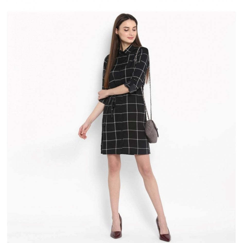 Snuggle Spot Women's Polyester Checkered Roll Up Sleeve Above Knee Dress (Black - White)