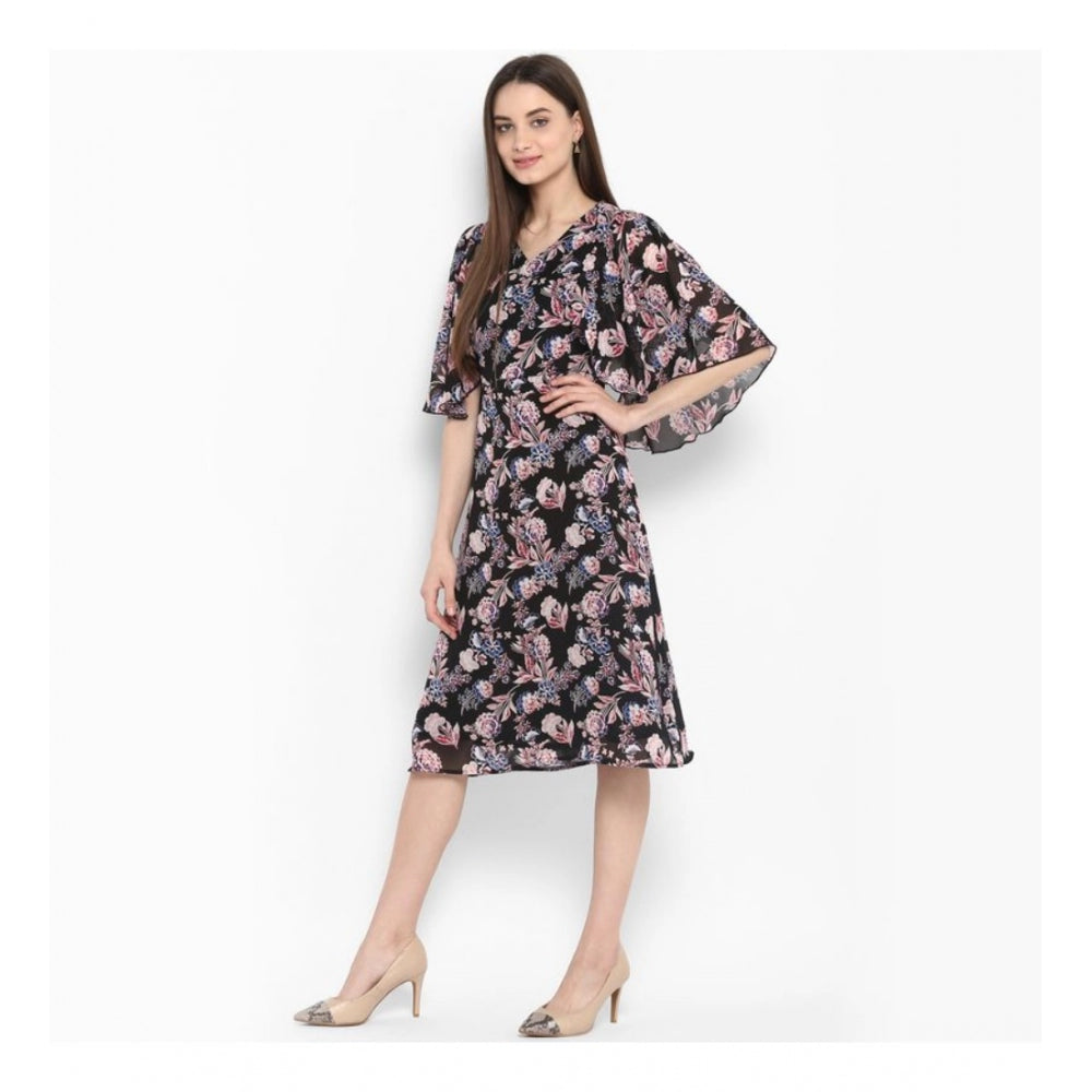 Snuggle Spot Women's Polyester Floral Short Sleeve Knee-Length Dress (Black - Multicolor)