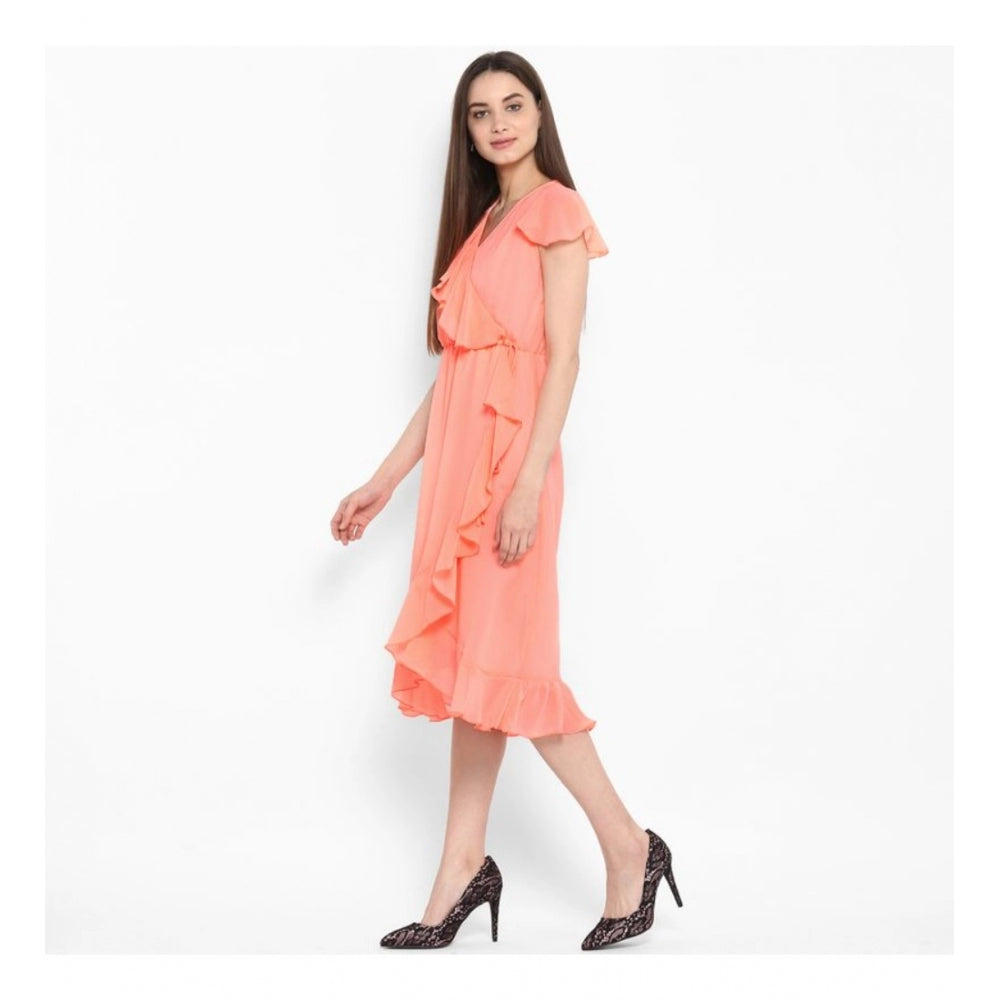 Snuggle Spot Women's Polyester Ruffled Cap Sleeve Below Knee Dress (Neon Pink)