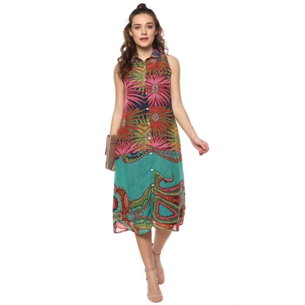 Snuggle Spot Women's Polyester Floral Sleeveless Below Knee Dress (Multicolor)